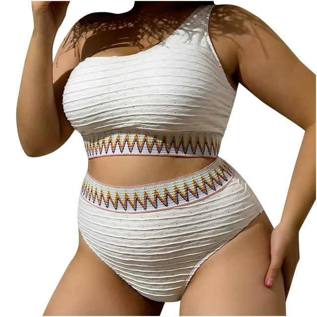 Women's Plus Size Swimsuits, Women One Shoulder High Waisted Bikini Sets Oversized Two Piece Swimsuit Ribbed Bathing Suit Full Coverage Swimwear XL-4XL Bathing Suits Woman Clearance