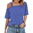 thumbnail image 4 of Ruyang Summer Shirts for Women Women's Summer Solid Color Casual One Shoulder Strap Short Sleeve T Shirt Stripe Tee, 4 of 6