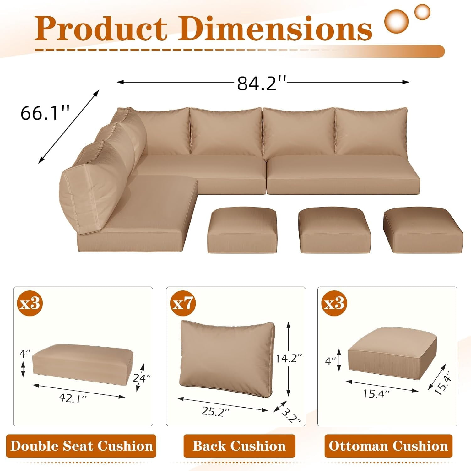 AECOJOY Outdoor Patio Furniture Cushions, 4-Inch Memory Foam Replacement Cushions for 7-Seat Sectional Wicker Conversation Set, Beige