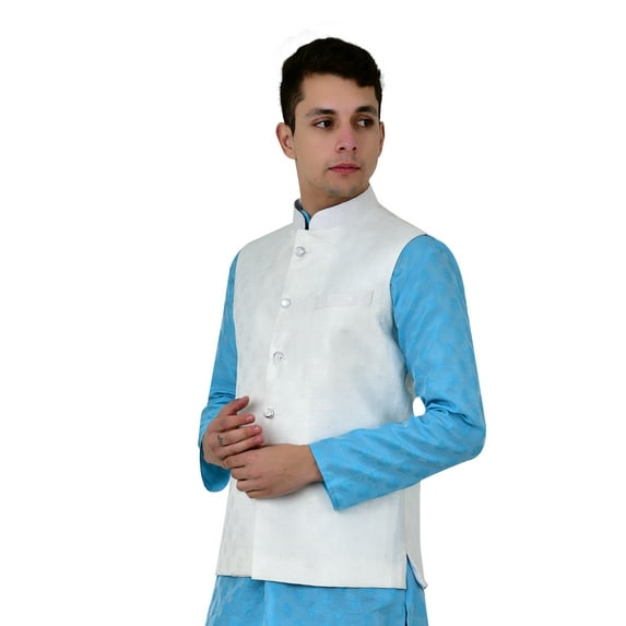 Sonakshi Fashion Men's Brocade Waistcoat Bandhgala Festive Jacquard Nehru Jacket, Color: White, Size: 44