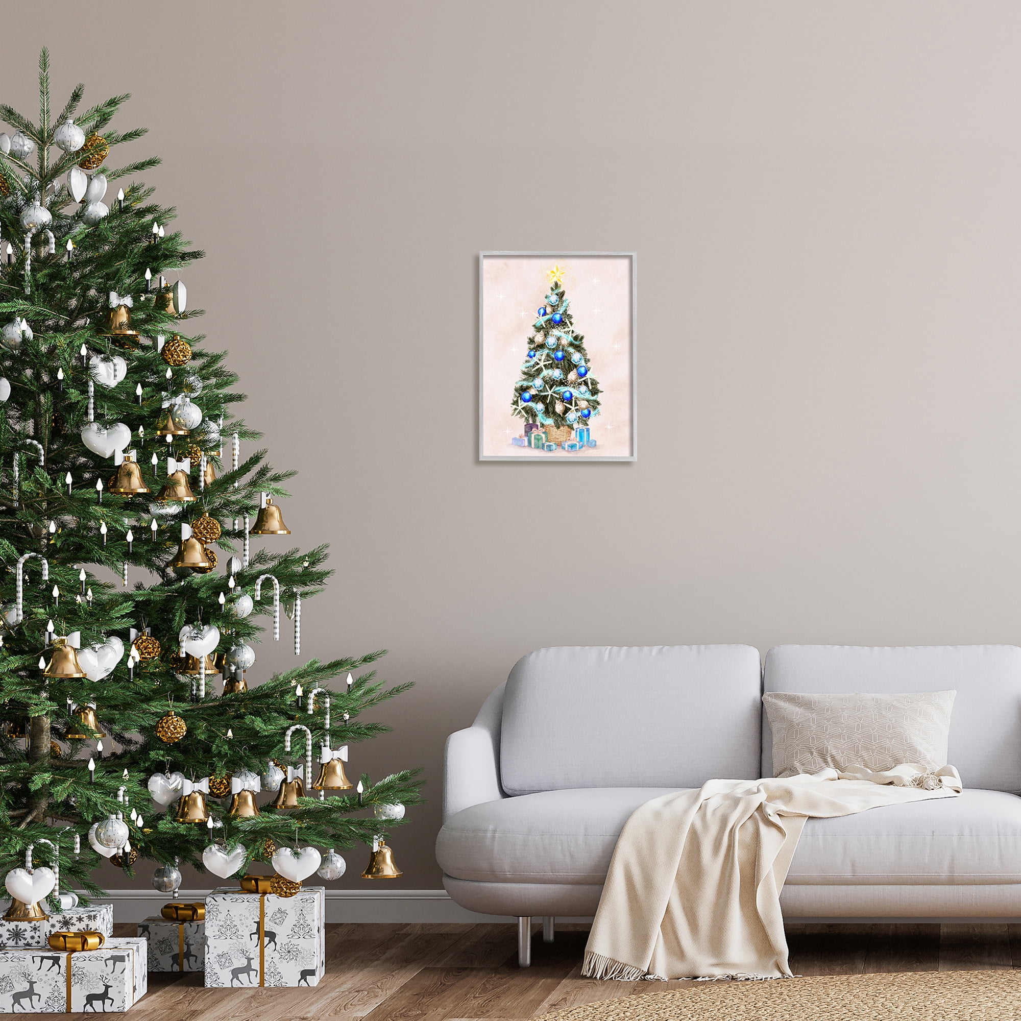 Glimmering Blue Christmas Tree Ornaments & Presents Botanical & Floral Painting Framed Art Print Wall Art