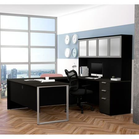 Premium Plus Hutch - Pro-Concept Plus U-Desk with Frosted Glass Door Hutch in Deep Grey & Black