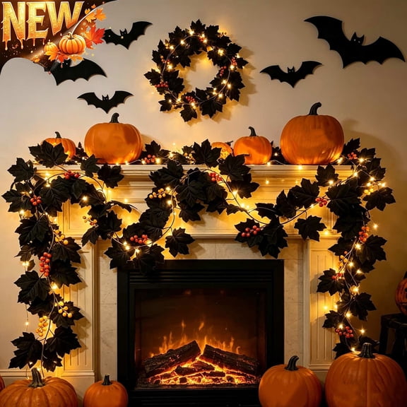 Tryvkinvive Gothic Artificial Black Maple Leaves Garland with Lights 6.56Ft Halloween Decorations,Fall Halloween Hanging Vine with Berry for Mantle Stairs Table Centerpieces Indoor Outdoor Decor
