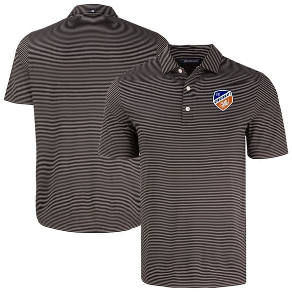 Men's-Cutter & Buck Black/White FC Cincinnati Forge Eco Fine Line Stripe Stretch Recycled Polo