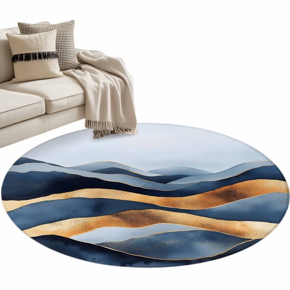 Round Area Rug 4ft, Vintage Dark Blue Brown Waves Non-Slip Non-Shedding Floor Mat, Abstract Shape Washable Sturdy Carpet for Living Room Bedroom Home Decor