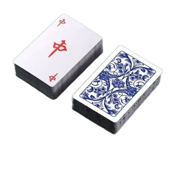 Portable Mahjong Playing Cards 144-Piece Set, Waterproof Durable Paper Deck with Dice for Travel Game Night, Chinese Poker-Style Card Game for Adults (2 Decks)
