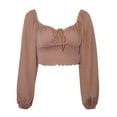 thumbnail image 1 of Blusas con cordón fruncido para mujer Camiseta corta con cuello en V y manga larga abullonada, 1 of 5