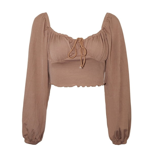 Camiseta plisada con cordón para mujer, manga larga abullonada, cuello en V delantero, recortada Adepaton BST2000113-3