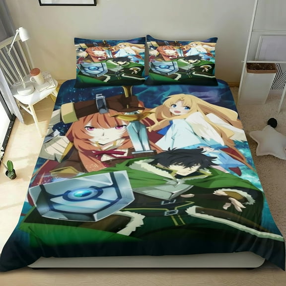 The Rising of the Shield Hero Bed Comforter Set 3 Pieces has an iconic print,One duvet cover(68" x 86") and two pillowcases.