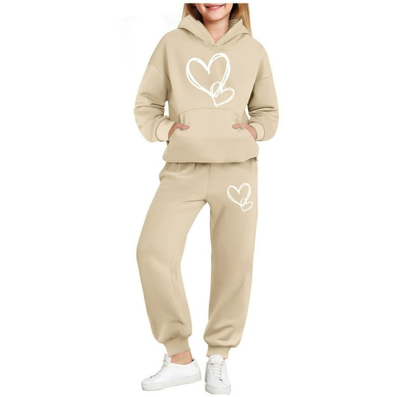 Cethrio Girls Outfit Sets, Warm Printed Fall Winter Long Sleeve Hoodies and Sweatpants Sets Beige Size 14-16