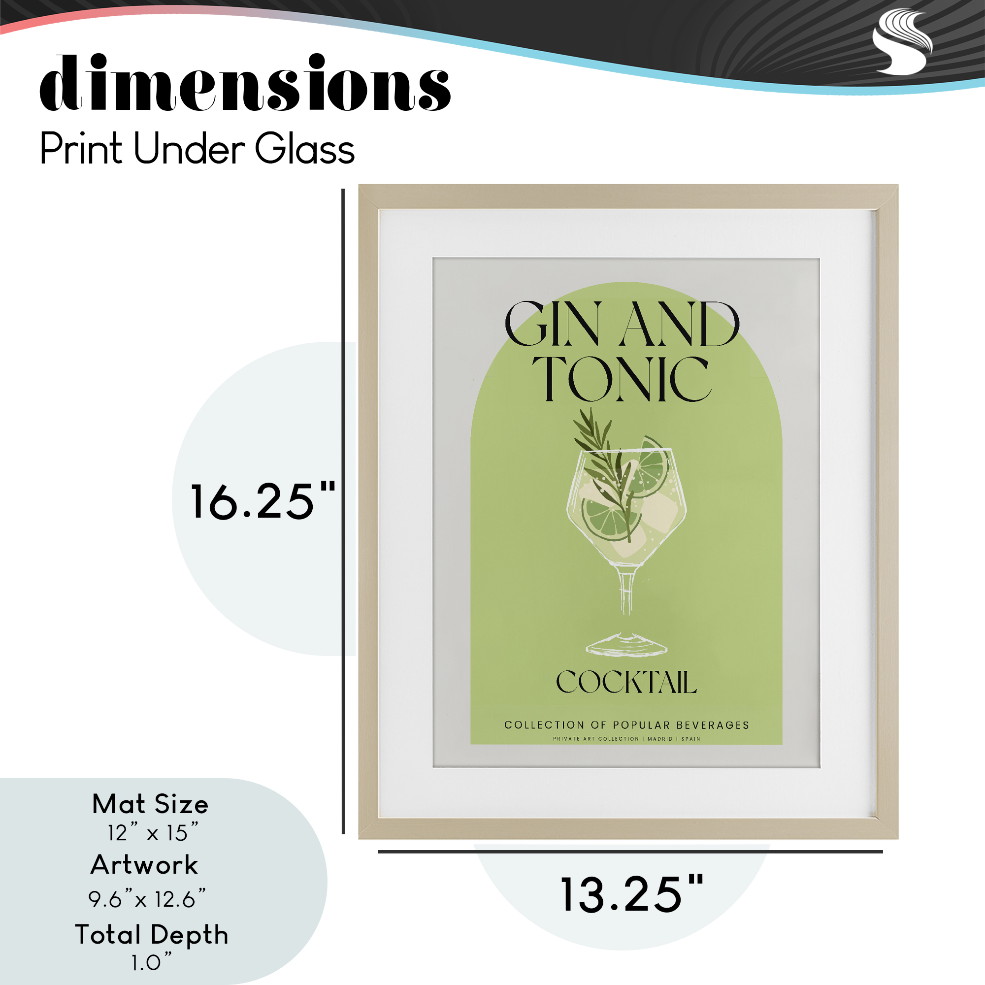 Stylish Retro Gin & Tonic Birch Framed Print Under Glass, design by Lil' Rue