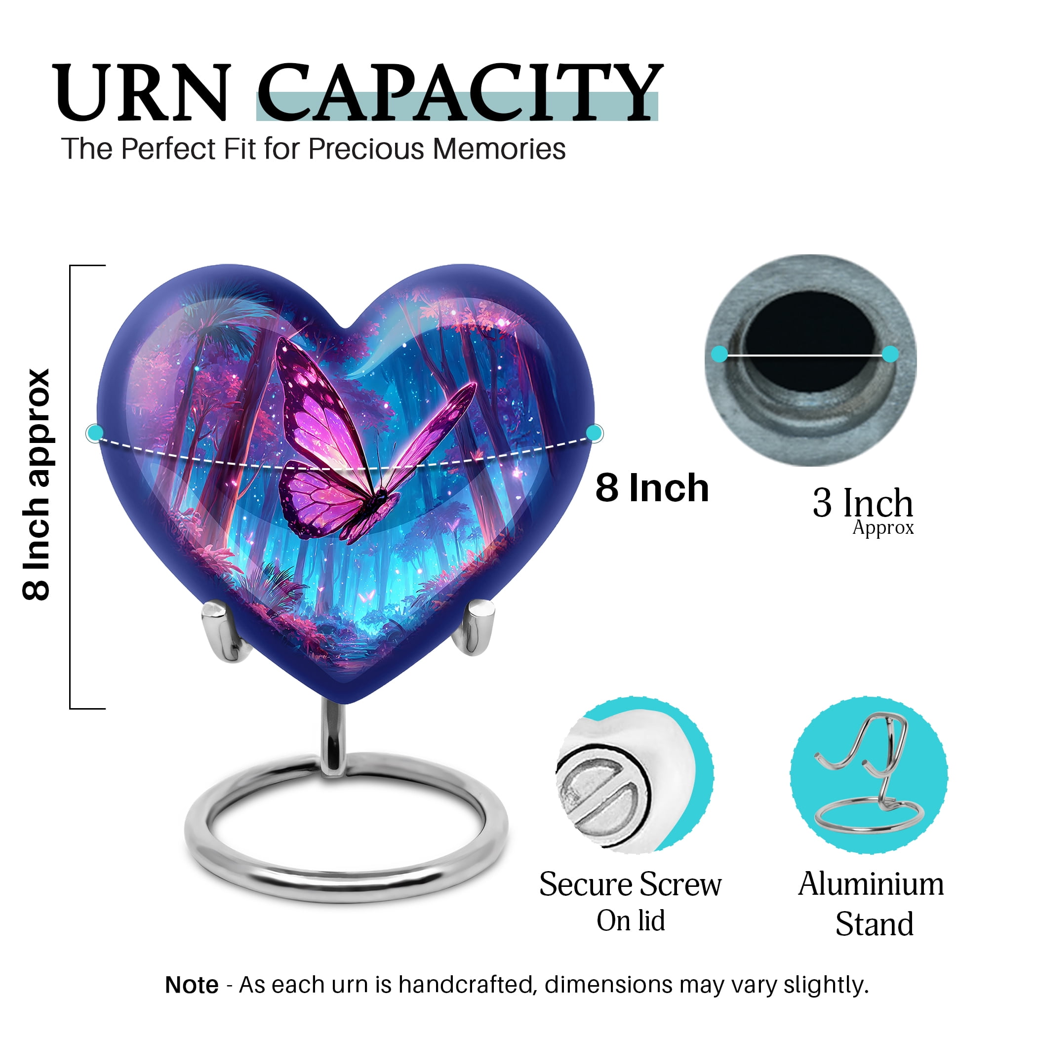 SABURIAL Butterfly Urns - Beautiful Handcrafted Heart Shape Burial Urn for Human Ash - Memorial Cremation Urns for Men & Women - Tribute Keepsake Urn - 8 Inch - Large with Velvet Bag