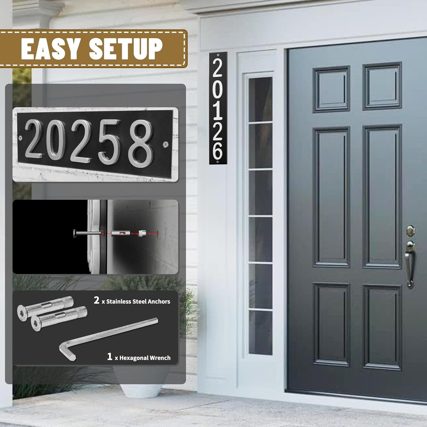 ShadeMart Personalized Flush Mount House Numbers Address Street Sign Plaque in Vertical/Horizontal, Aluminum Modern Front Door Sign - Made In USA (Custom Plate & Fonts Colors/Numbers)