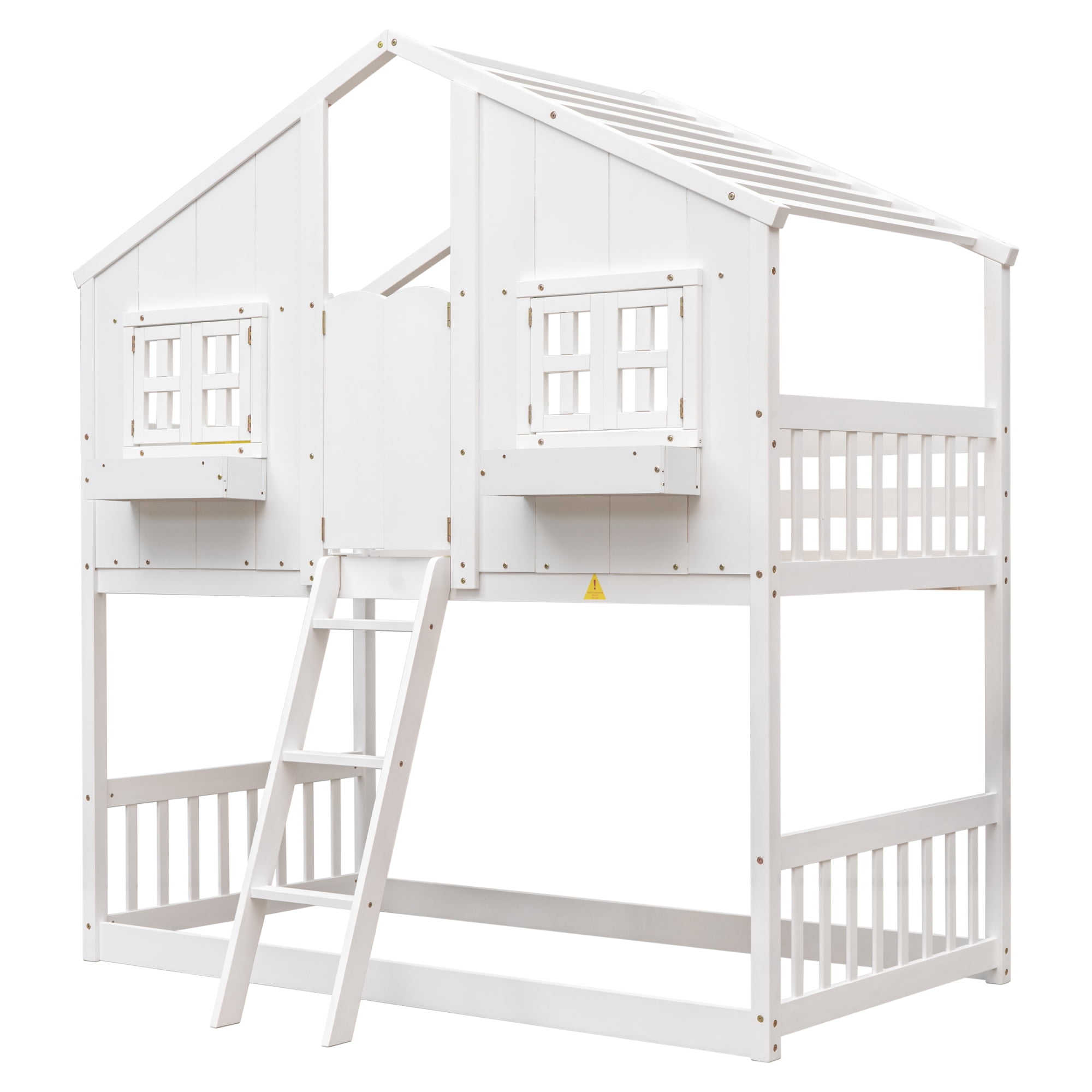 Leumius Twin over Twin Floor Bunk Bed with Ladder and Guardrails, House-Shaped-Bunk Bed with Window and Door for Boys Girls White