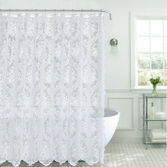 Kate Aurora Country Farmhouse Shabby Chic Floral Lace Shower Curtain - White