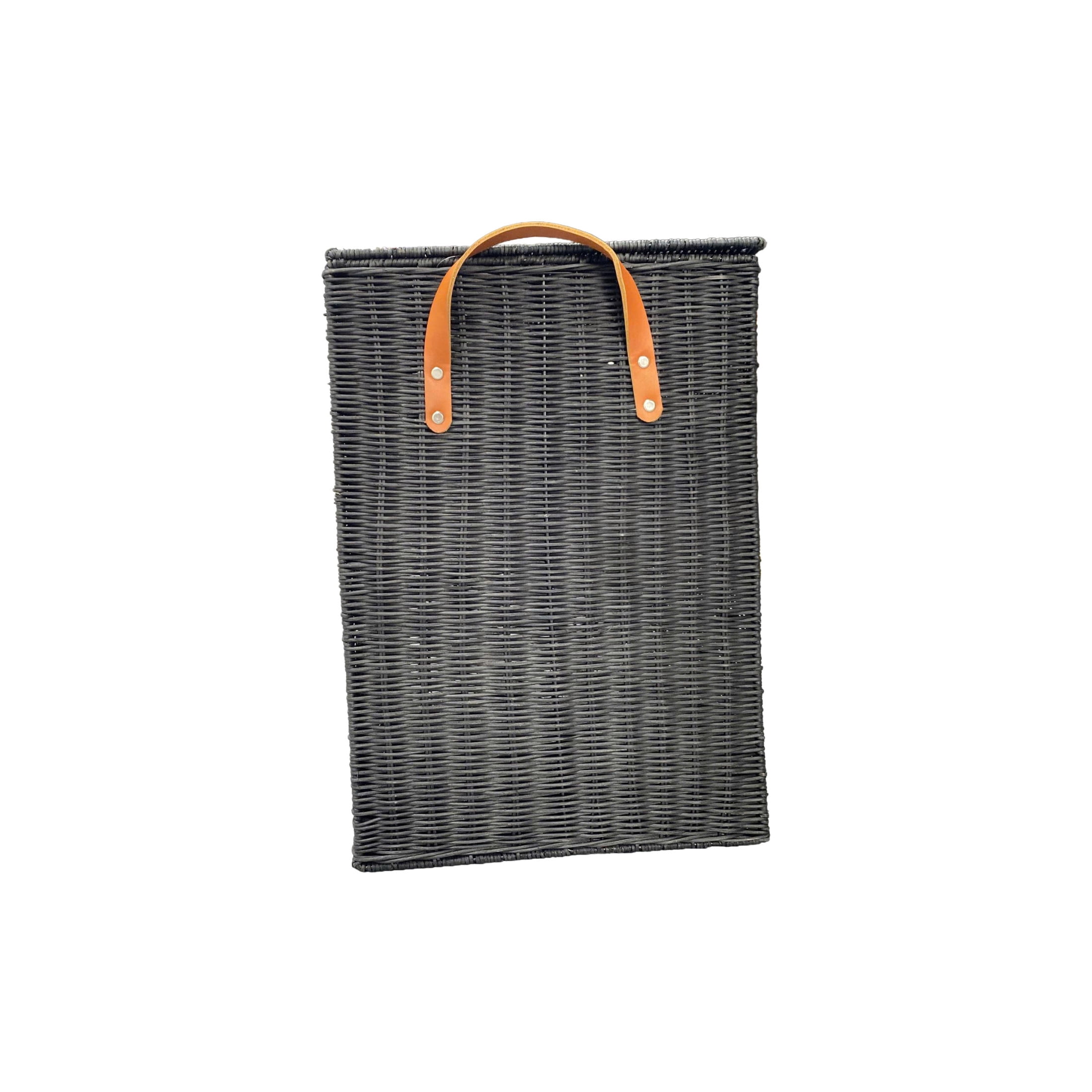 DecMode 20" x 21" Black Rattan Handmade Woven Storage Basket with Brown Leather Handles, 1-Piece
