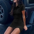 thumbnail image 2 of Women's Long Sleeve Dress Solid Color V Neck Short Sleeve Bodycon Mini Dresses Lapel Collar Wrap Slim Fit Short Dress Black, 2 of 8