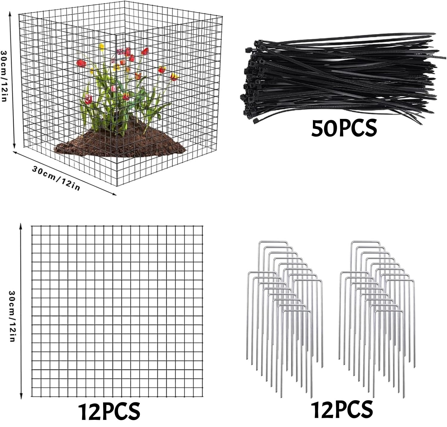12Pcs Wire Plant Protectors, 11.8" Square Wire Plant Cages Mesh Plant Cage Chicken Wire Cloche with 12 Ground Stakes and 50 Nylon Ties Protect Plants, Garden,Shrubs and Vegetables from Animals