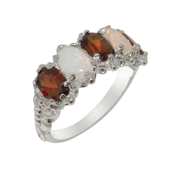 LBG British Made 18k White Gold Natural Garnet & Opal Womens Eternity Ring - 33 size options - Size 10