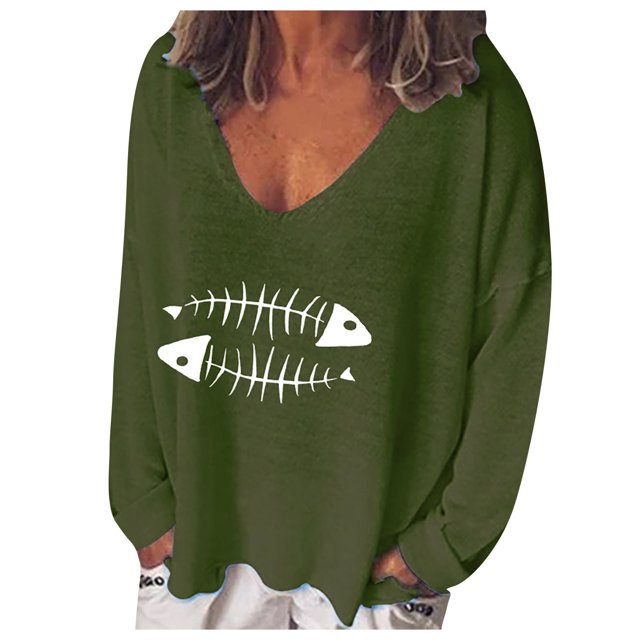 ICHUANYI Liquidación Mujer Moda Casual Estampado V-Cuello Suelto Manga Larga Camiseta Blusa Jersey ICHUANYI WER202308233818
