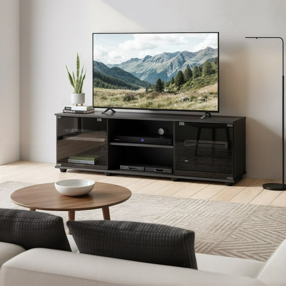 CorLiving Fiji Engineered Wood TV Stand for Most TVs up to 75" with Open and Closed Storage and Glass Doors, Black