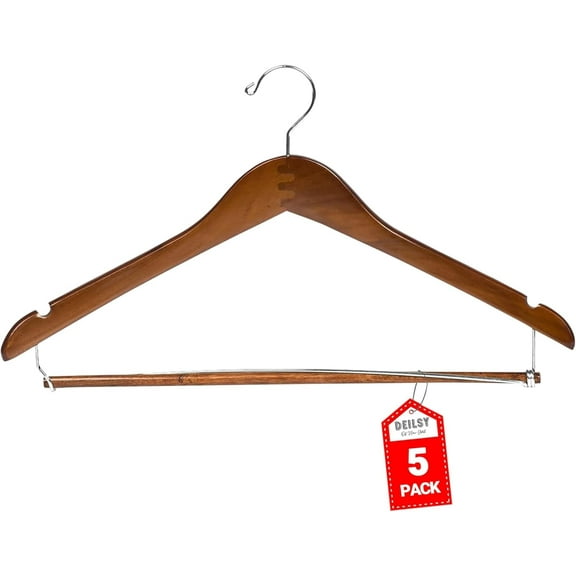 DEILSY Suit Hangers for Men with Open Bar - Premium Brown Wooden Hangers for Suit & Pants - Durable Wood Hangers for Closet Organization - Pack of 5