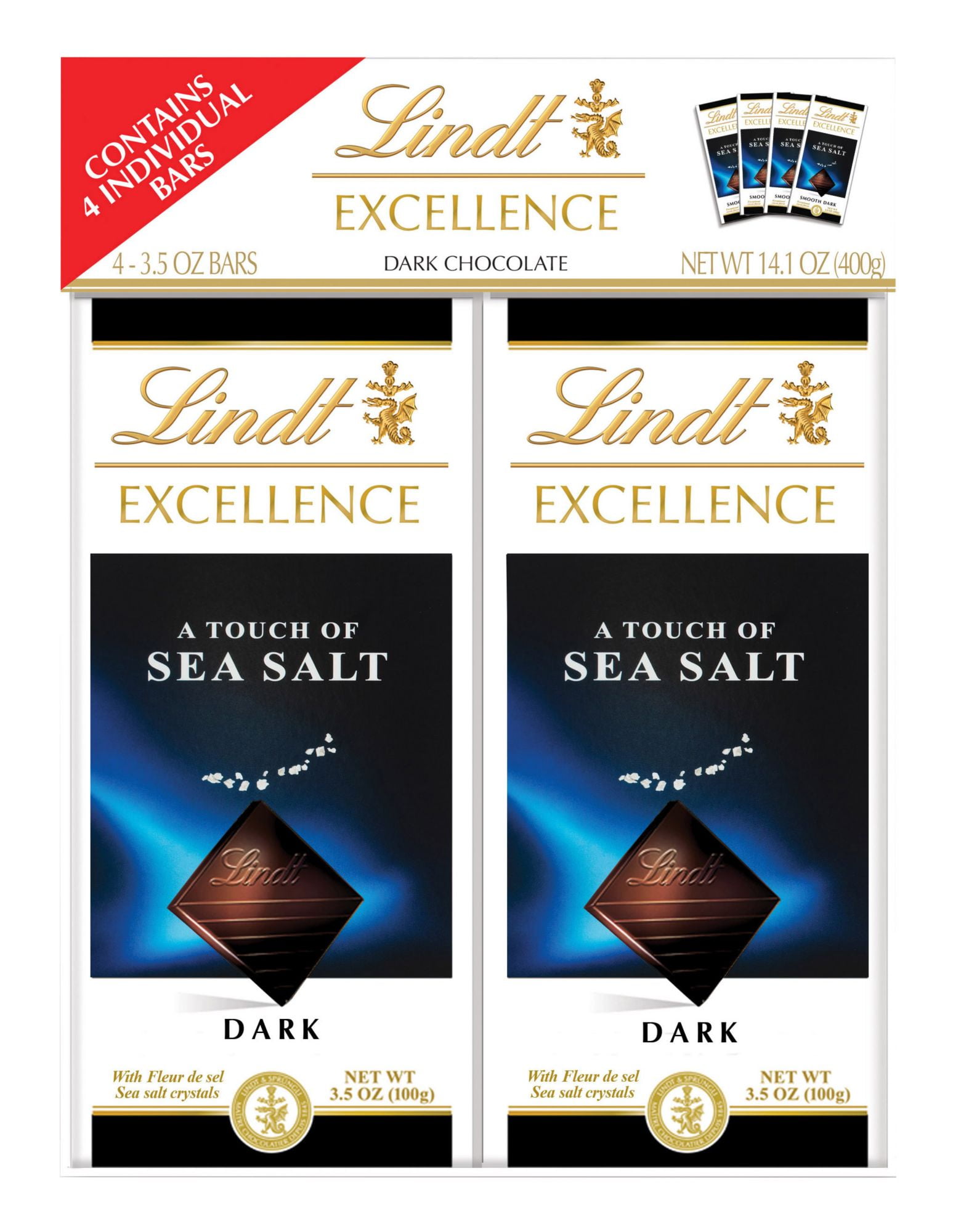 Lindt Excellence Sea Salt Dark Chocolate Bar, 4 Ct. 3.5 oz. - Walmart.com 