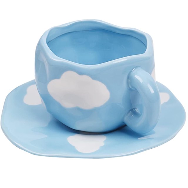 Taza de Espresso de 10oz Linda de Cerámica Azul Blanca con Nube, Juego de Platos, Taza para Beber