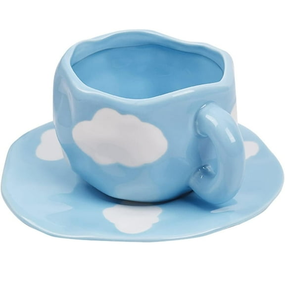 Taza de Espresso de 10oz Linda de Cerámica Azul Blanca con Nube, Juego de Platos, Taza para Beber