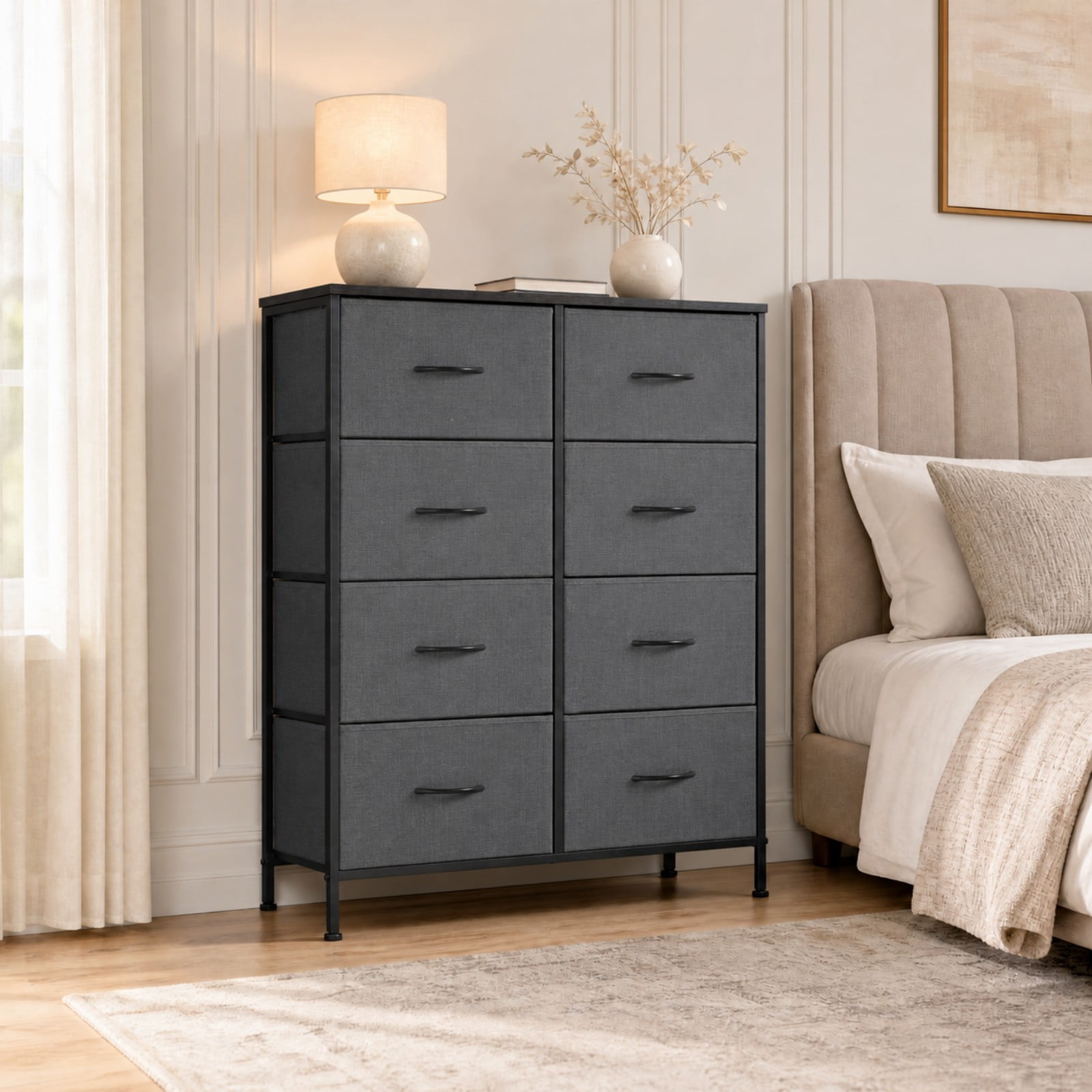 Telyra 8-Drawer Fabric Dresser Tall Storage Tower with Wood Top and Steel Frame Bedroom Closet Organizer, Gray