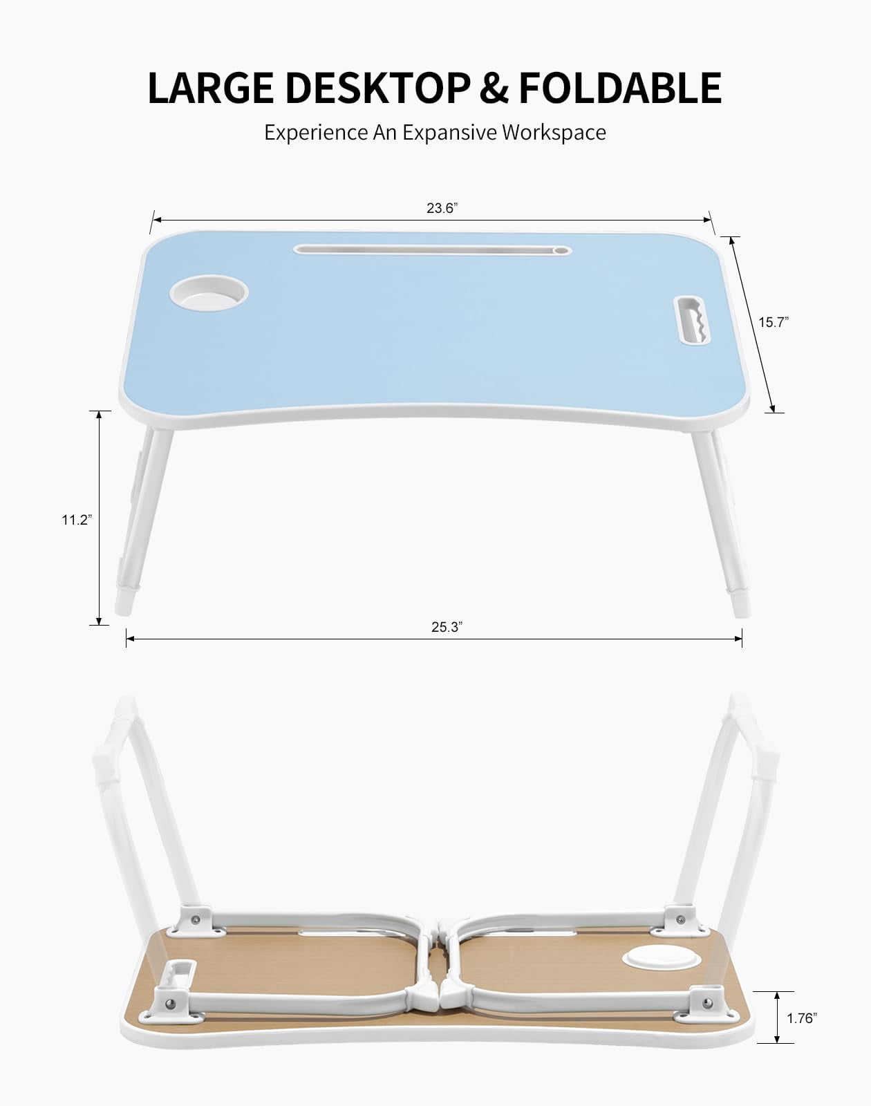 Laptop Bed Desk  Foldable Lap Portable Table Stand With Cup Holder & Tablet Slot Lifting Handle For Working Writing Drawing Eating - Blue