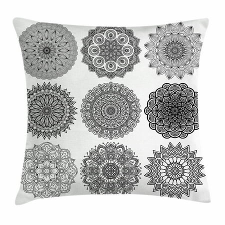 Henna Throw Pillow Cushion Cover, Ornamental Mandala Design Symmetric Ethnic Motifs Islamic Arabic Ottoman Inspiration, Decorative Square Accent Pillow Case, 24 X 24 Inches, Black White, by