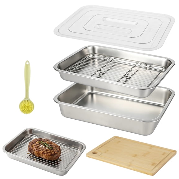 Stainless Steel Grill Prep & Serve Tray Kit, 15.7 x 11.8 in Large Capacity Pans with Lid, Rack, Cutting Board, Tongs, Brush for BBQ, Outdoor Cooking