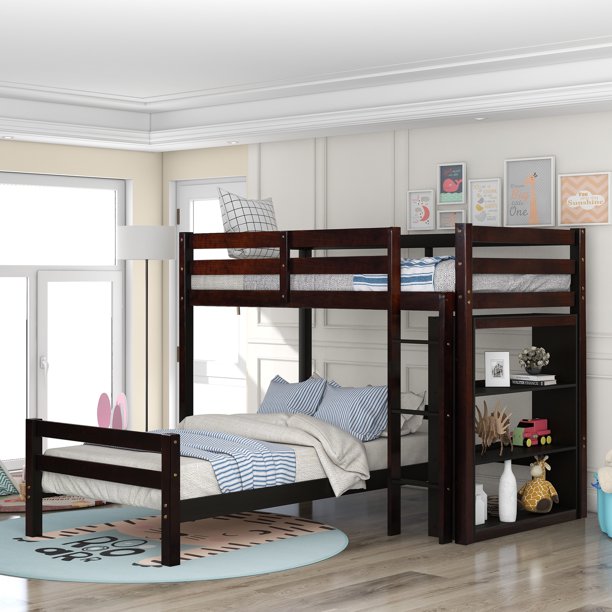 L Shape Twin over Twin Bunk Bed with Storage Shelves, Solid Wood Loft