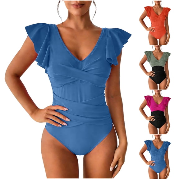 Vetsdori One Piece Swim Suits for Women Ruffled Strap Swimwear Tummy Control Tankini Solid Color Vacation,Outfits Ladies Bath Suits