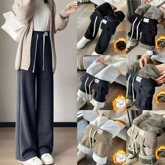 Bloomae Women's Fleece Lined Sherpa Sweatpants Winter Warm Waffle Knitted Pants Jogger Loose Wide Straight Leg Lounge Athletic Pants with Pockets Black L