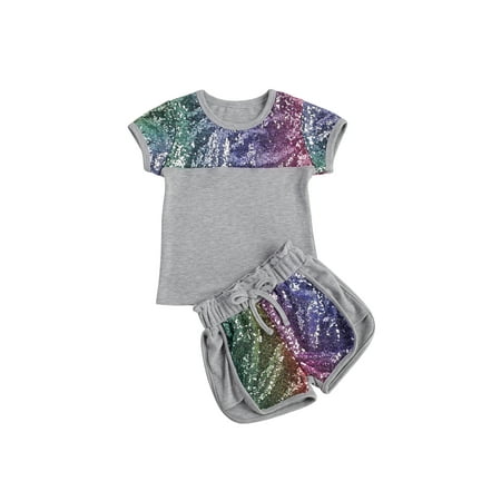 

Toddler Baby Girl Clothes Sequins Pocket Knitted Short Sleeve T-Shirts+Shorts Set Outfit 2Pc