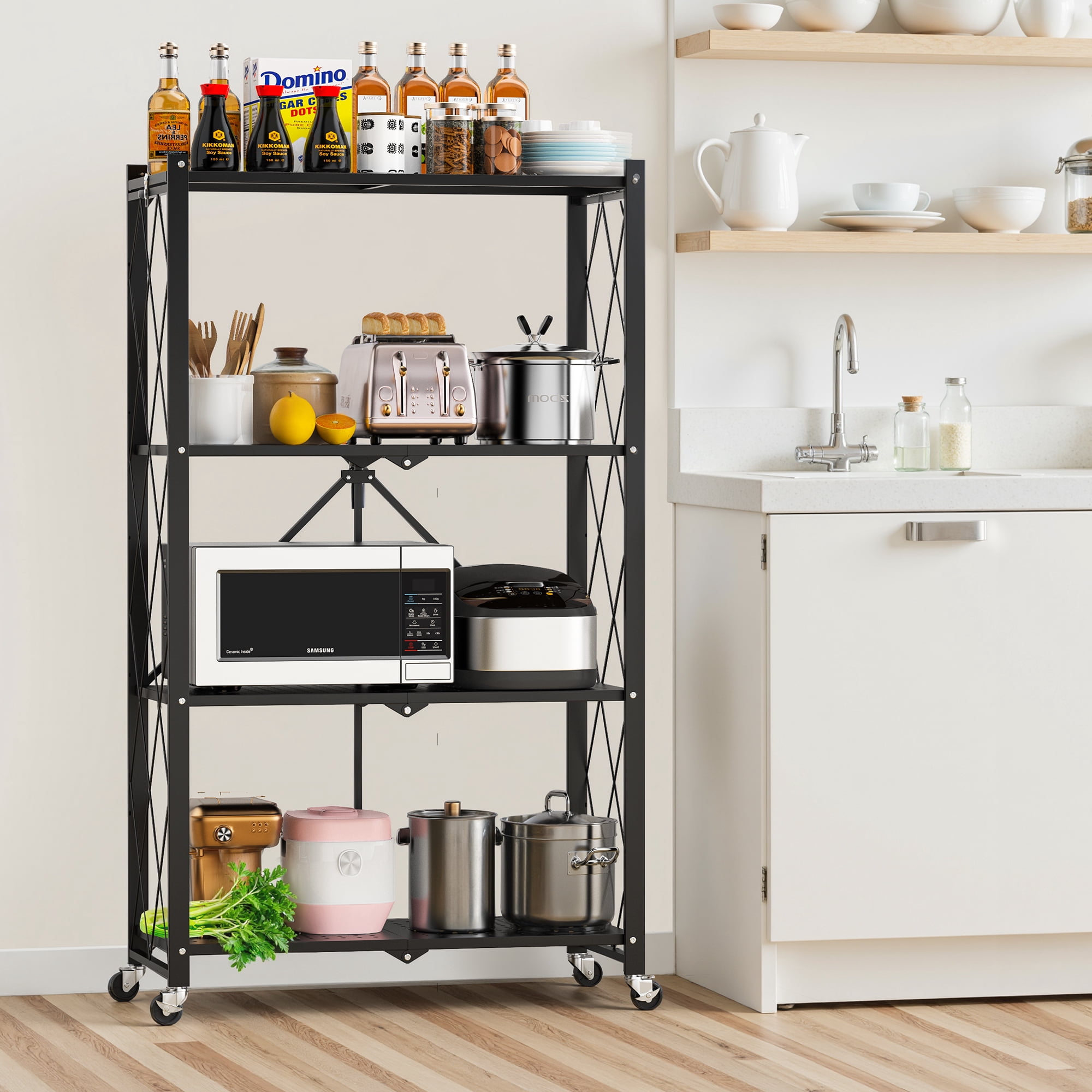 GVDV 4-Tier Metal Storage Shelf,28"Wx13"Dx 49"H Foldable Shelving Unit with Wheels for Garage, Kitchen