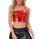 thumbnail image 1 of Top corto metálico para mujer de un solo hombro, ropa de fiesta de Halloween, clubwear, camisetas brillantes holográficas, XS rojo chile, 1 of 6
