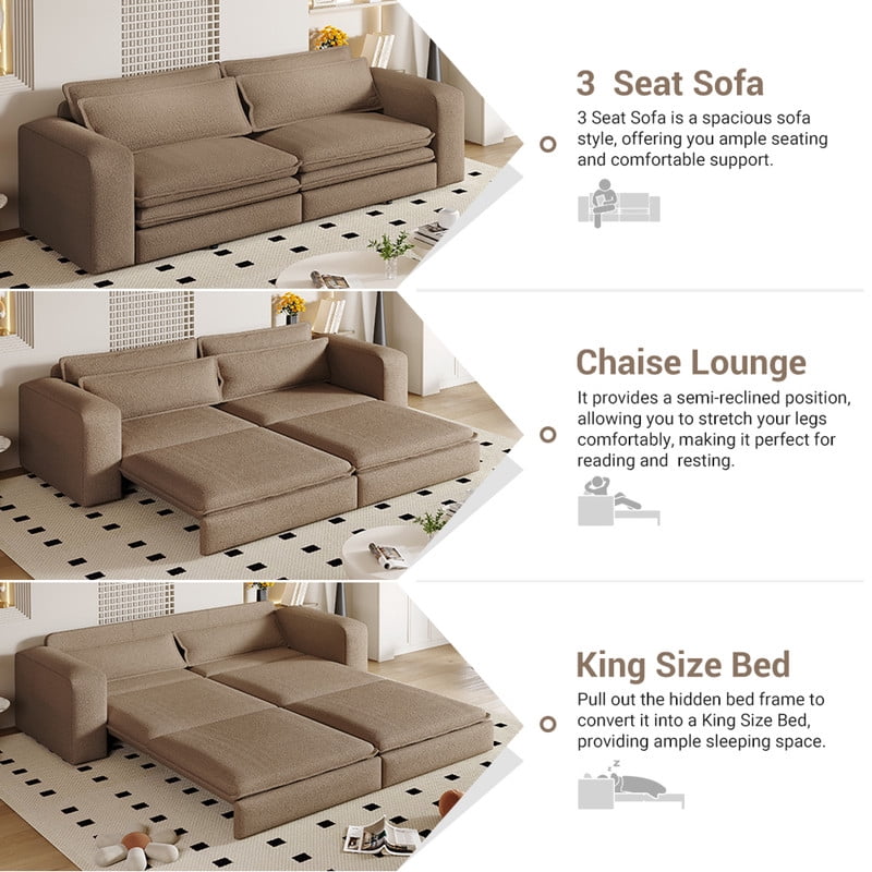93" King Size Sleeper Sofa Bed, 3-in-1 Convertible Pull Out Couch, Chaise Lounge, Sherpa Fleece 3-Seater Upholstered Sofa with 2 Lumbar Pillows for Living Room, Apartment, and Office