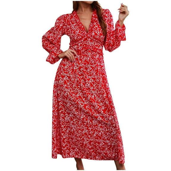 Odeerbi Dresses for Women Casual Maxi Dresses Erogenous Fashion V-Neck Floral Long Sleeve Flared Sleeve Long Dress Red