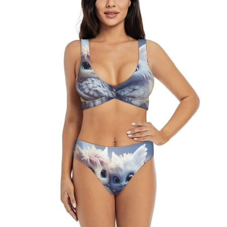 Zeuib Cute Animal Couple High Waisted Tummy Control Bikini Set - Knot Front Push Up Top & Cheeky Thong Bottom  Two-Piece Swimsuit for Women-Medium
