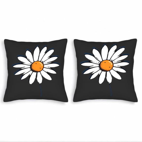 Set of 2 Throw Pillow Covers 18x18in - Black with White Daisy Design Orange Center & Blue Outline - Perfect for Couch Bed Car Decor