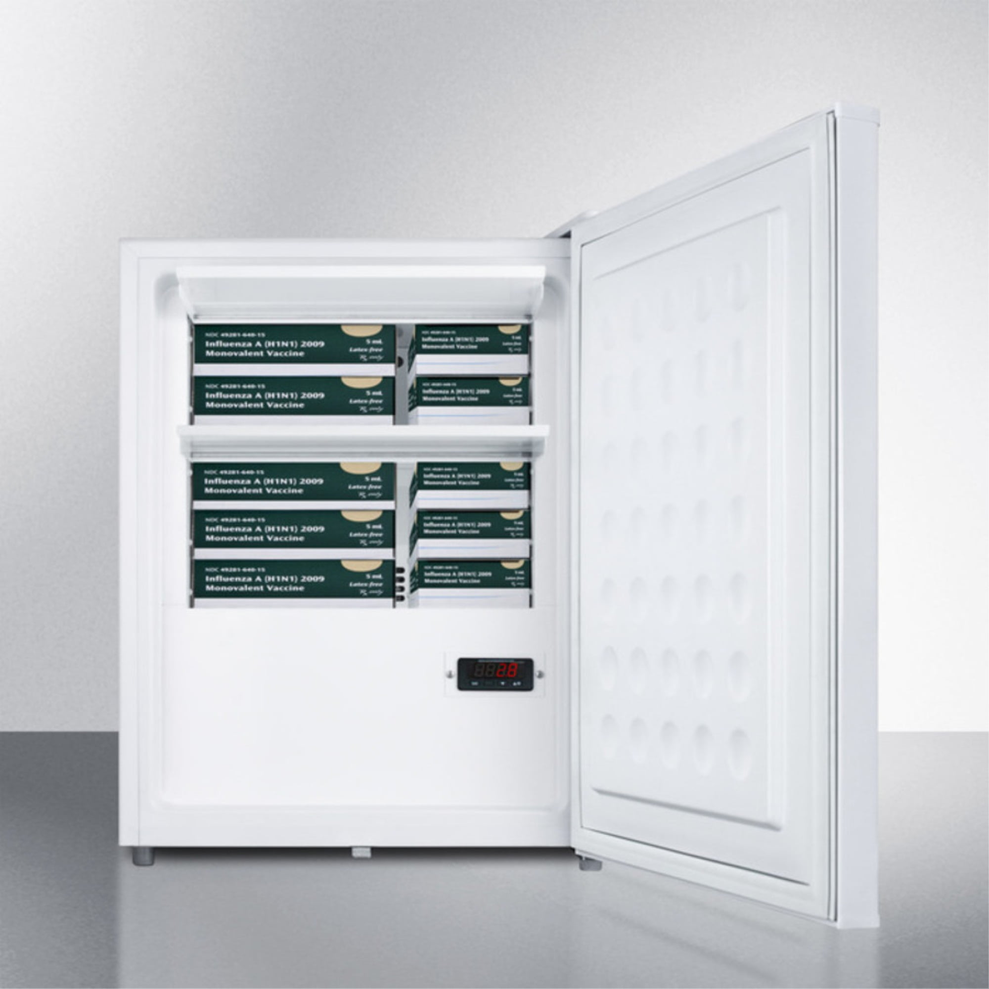 Compact medical all-refrigerator for temperature stable medical storage, with digital thermostat, lock, self-closing door, temperature alarm, and internal fan