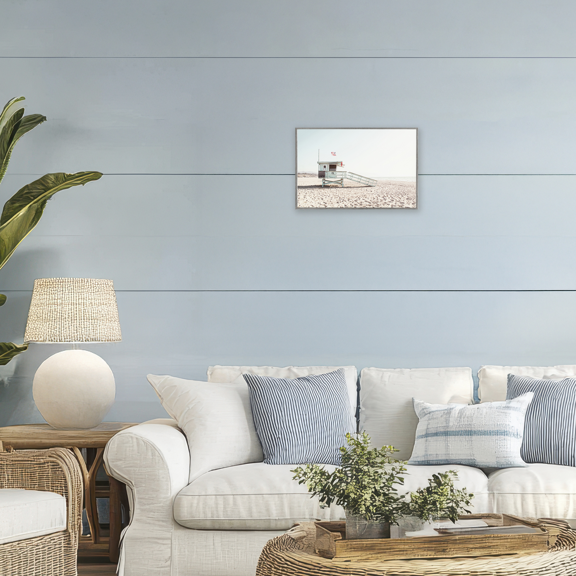 Lifeguard Hut Sunny Day Gray Framed Giclee Art, design by Sisi and Seb