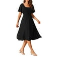 thumbnail image 2 of Vestido midi casual de mujer con volantes y mangas cortas, con bolsillos, escote cuadrado, cintura elástica fruncida, color negro, talla L, 2 of 6