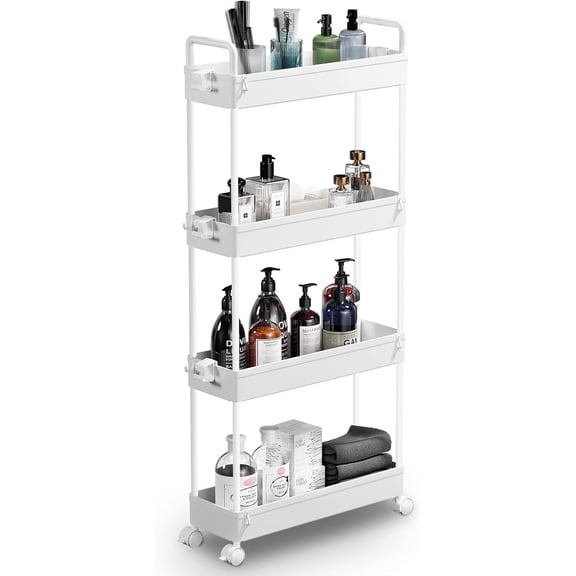 Slim Rolling Storage Cart with Wheels 4 Tier Skinny Bathroom Storage Organizer Narrow Shelf Unit Thin Laundry Room Utility Cart for Bedside Kitchen Office Next to Fridge Small Places, White