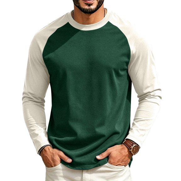 Mens Raglan Contrast Color Long Sleeve T Shirts Crew Neck Regular Fit Shirts Soft Fabric Outdoor Walking Tops Dark Green 4XL