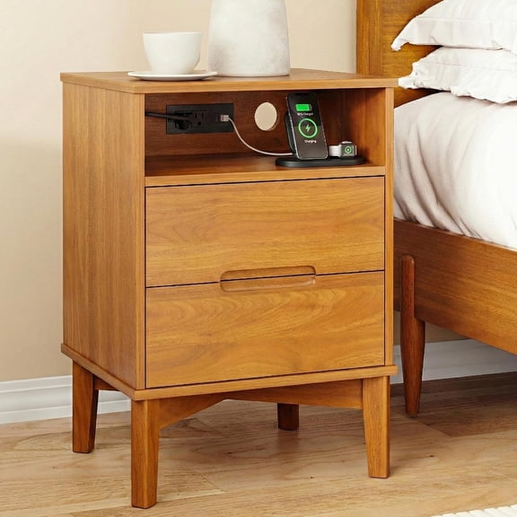 Mid-Century Modern Nightstand with Charging Station, Tall 26" Bedside Table with Storage, 2 Drawers & Open Shelf, Wooden Accent Table for Bedroom, Walnut Finish