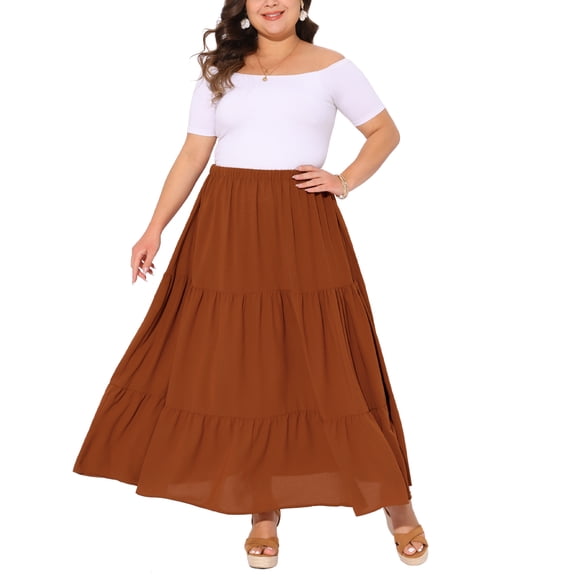 GRACE & GRANDEUR Women's Plus Size Swing Skirt Elastic High Waist Layered Flowy Casual Beach A Line Maxi Skirts 1X Caramel